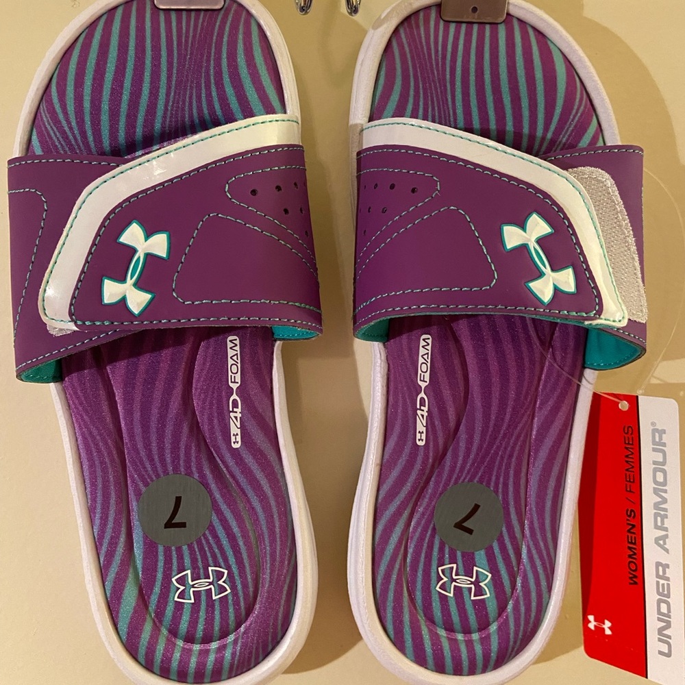 Under Armour White Purple Teal Women's Slide Sandals